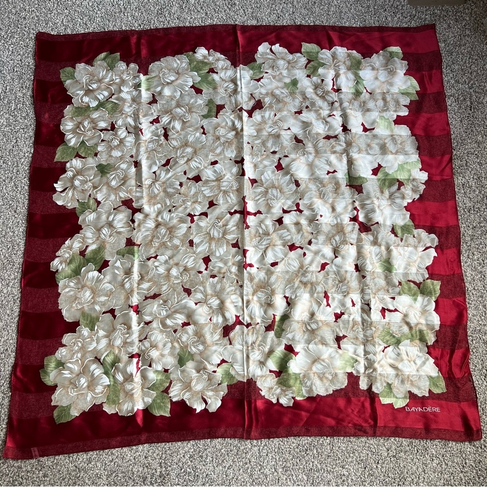 Bayadere 100% Silk Floral Red and White Scarf,‎ 34” x 34”